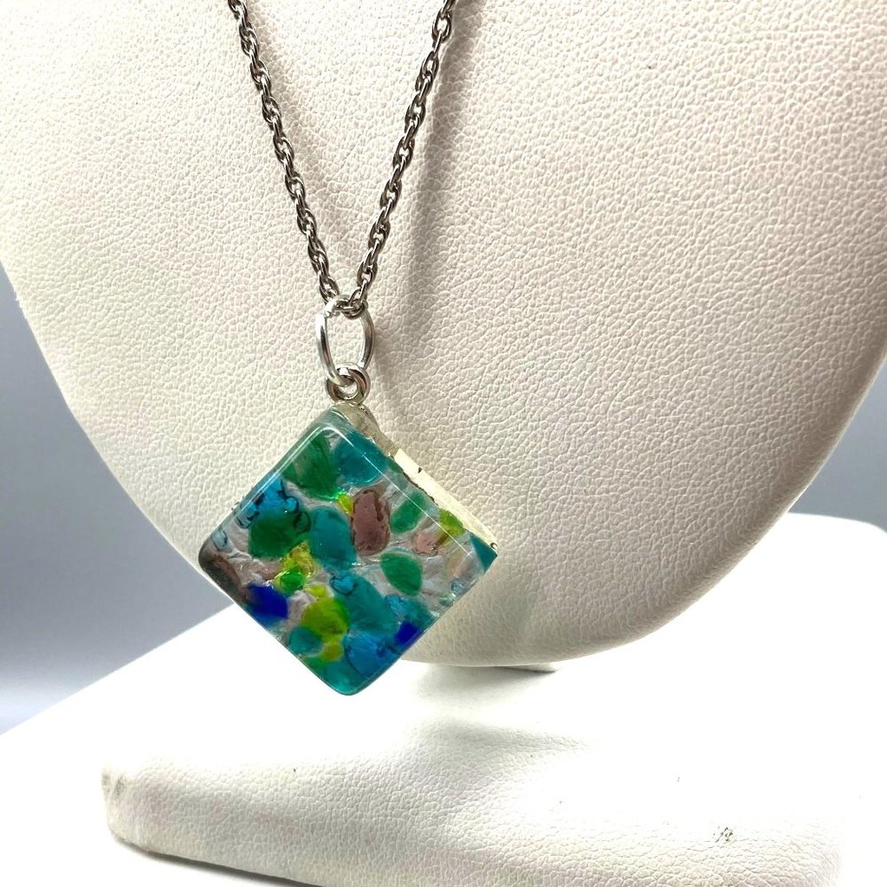 Vintage Murano Dichroic Art Glass Pendant, Colorful Square on Long Silver Tone
